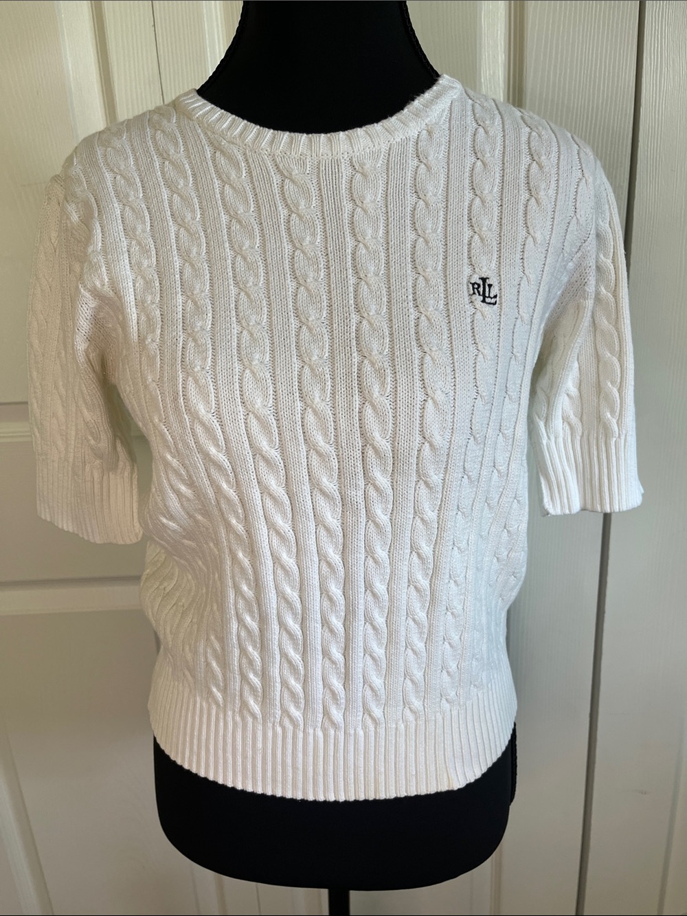 Lauren Ralph Lauren Petite Vintage White Cable-Knit Short-Sleeve Sweater Small